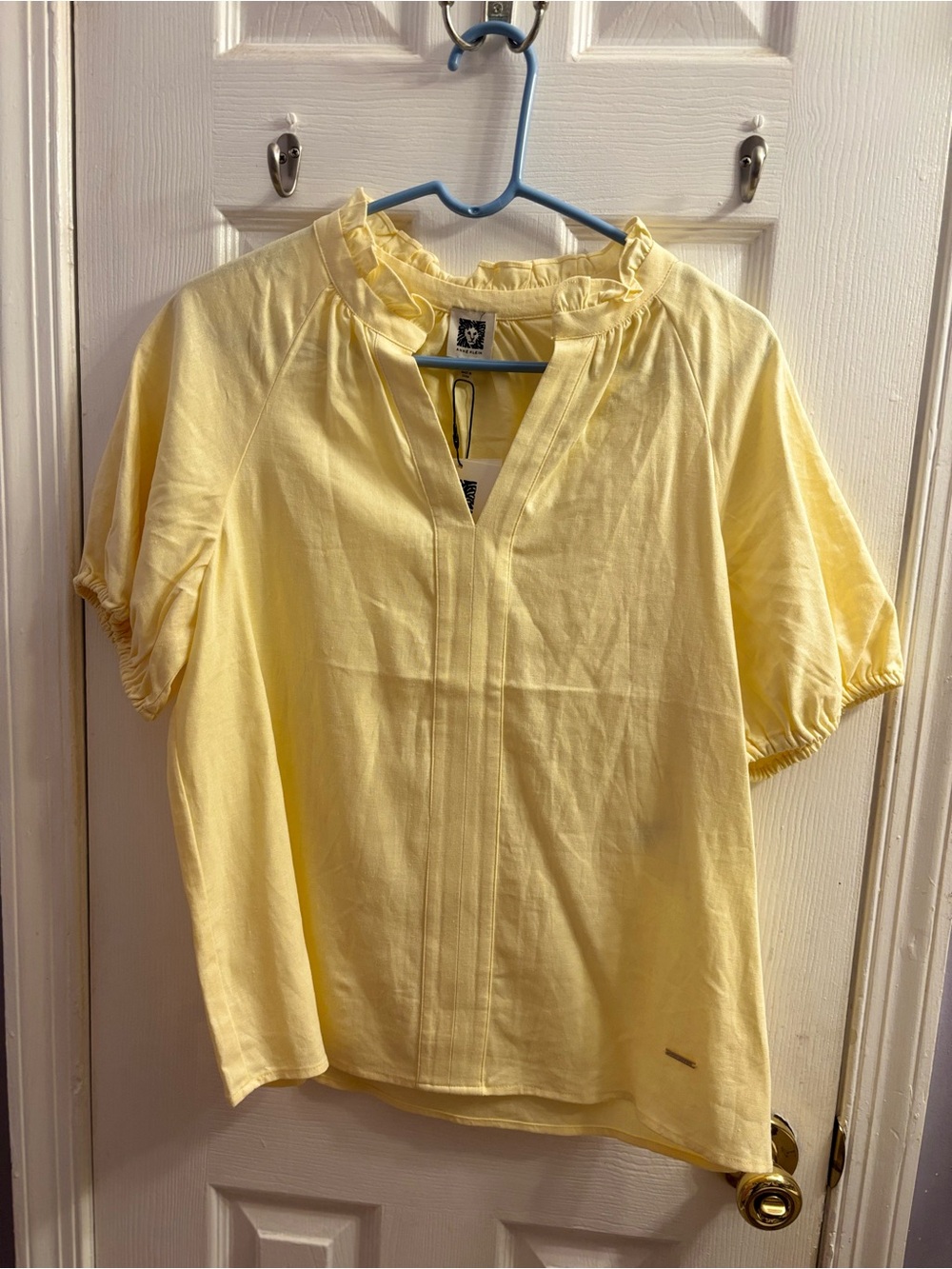 Anne Klein Pale Yellow Ruffle Neck Short Sleeve Blouse